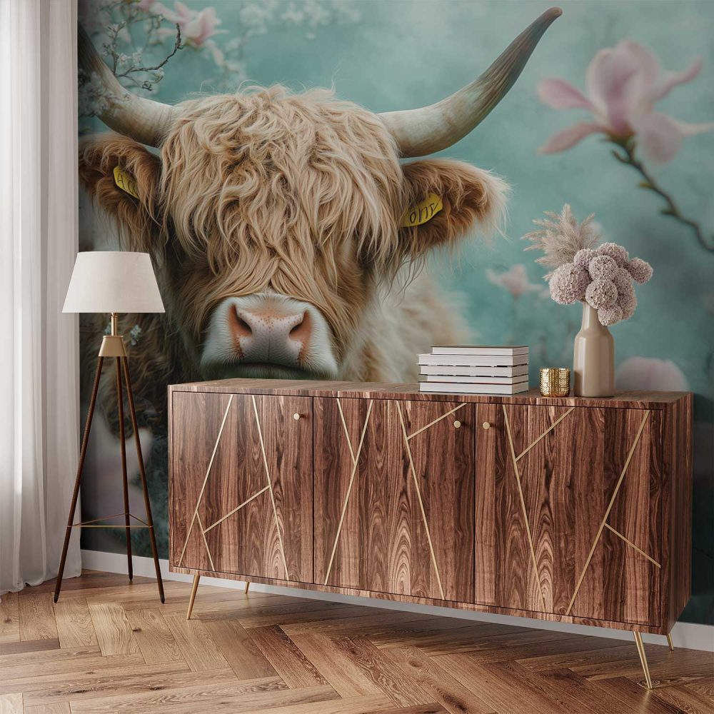 Alternative view of Harige koe in roze bloemen behang