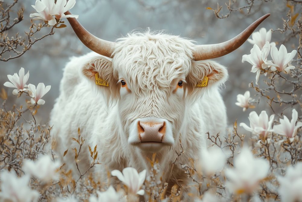 Witte Koe in Bloemenveld behang