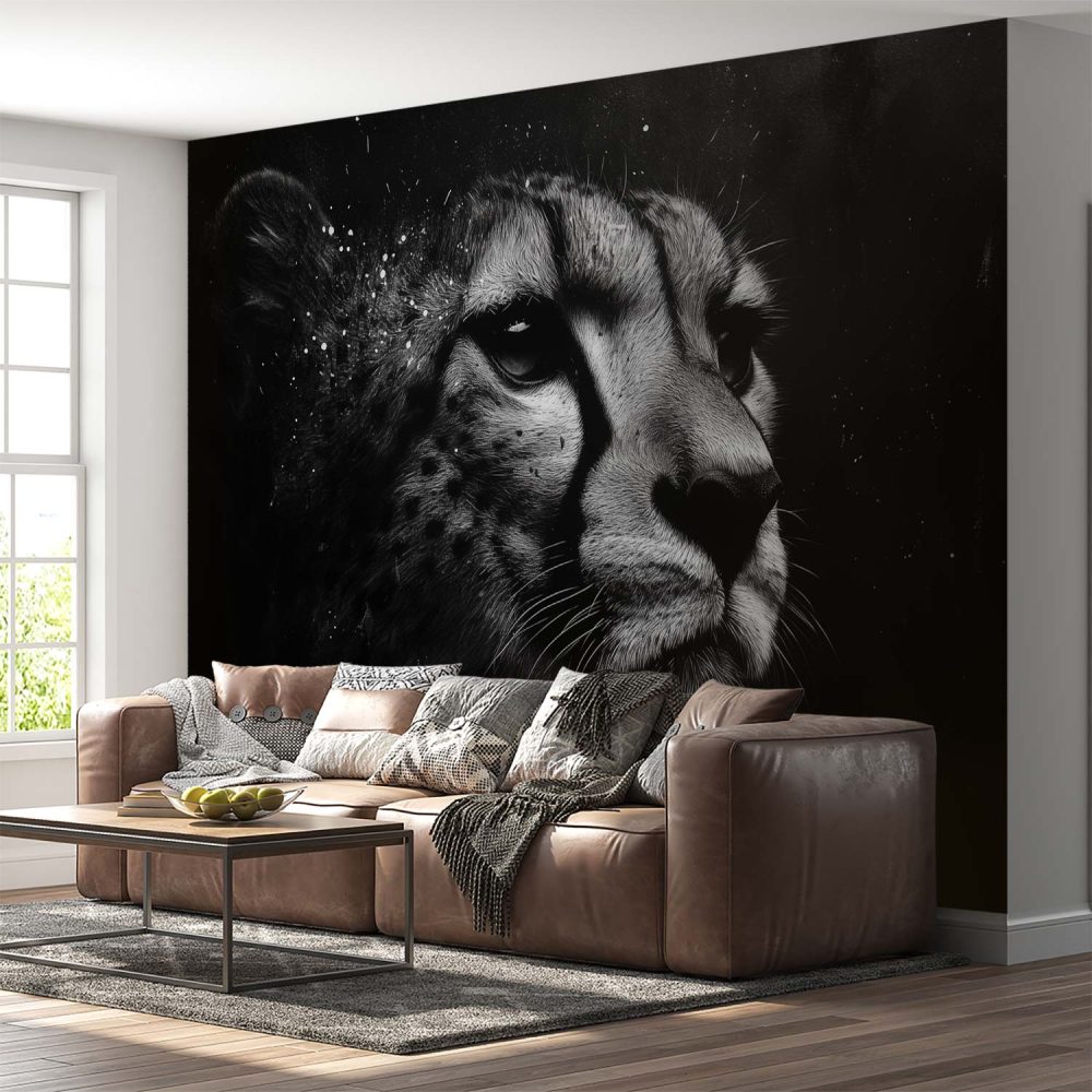 Alternative view of Intens Zwart-Wit Jachtluipaardportret behang