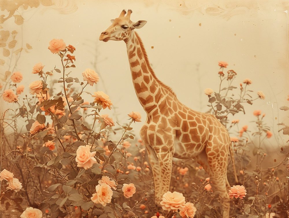 Giraf in bloemenveld behang