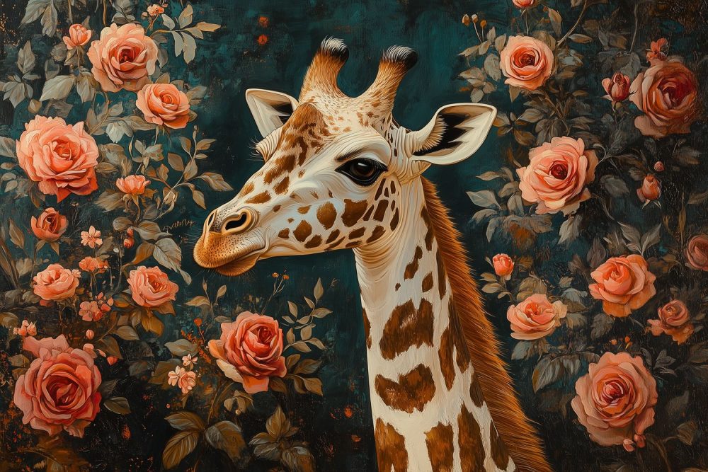 Giraf tussen roze rozen behang