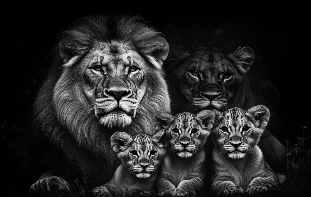 Majestueuze leeuwenfamilieportret behang