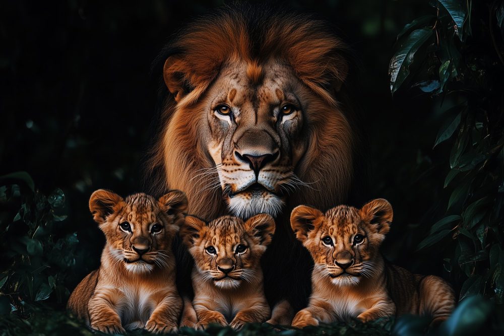 Lionin met welpen in bos behang