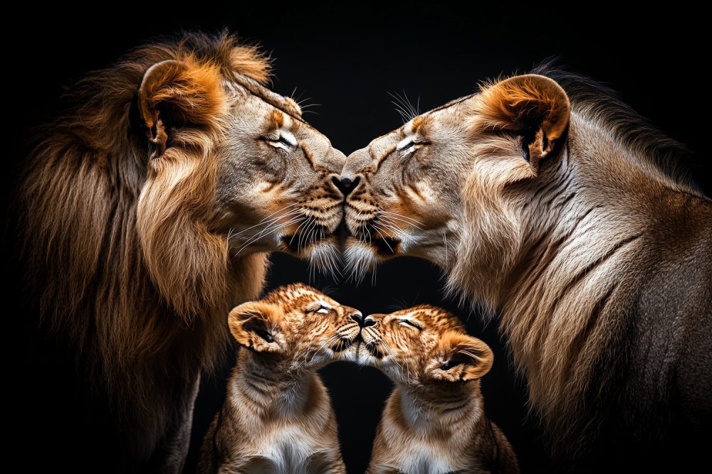Liefdevolle leeuwenfamiliehart behang
