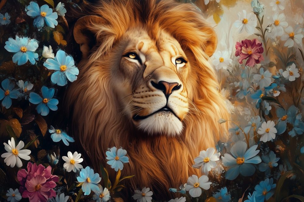 Koninklijke leeuw in bloemenpracht behang