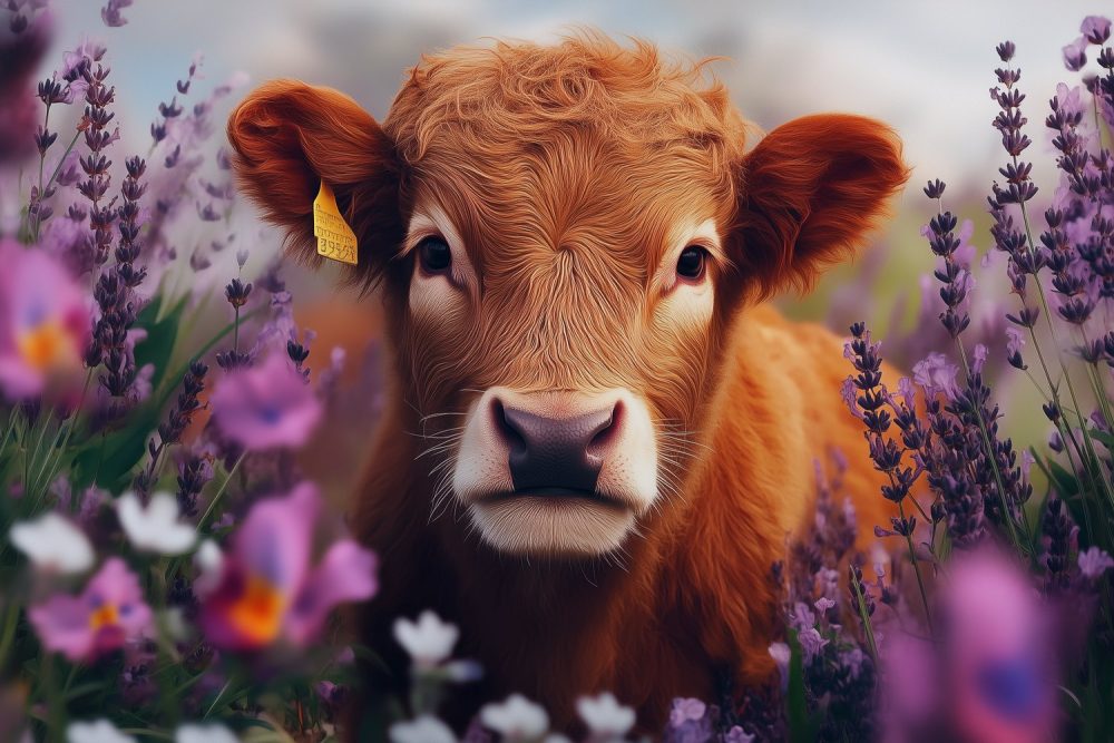 Paarse bloemen met koe behang