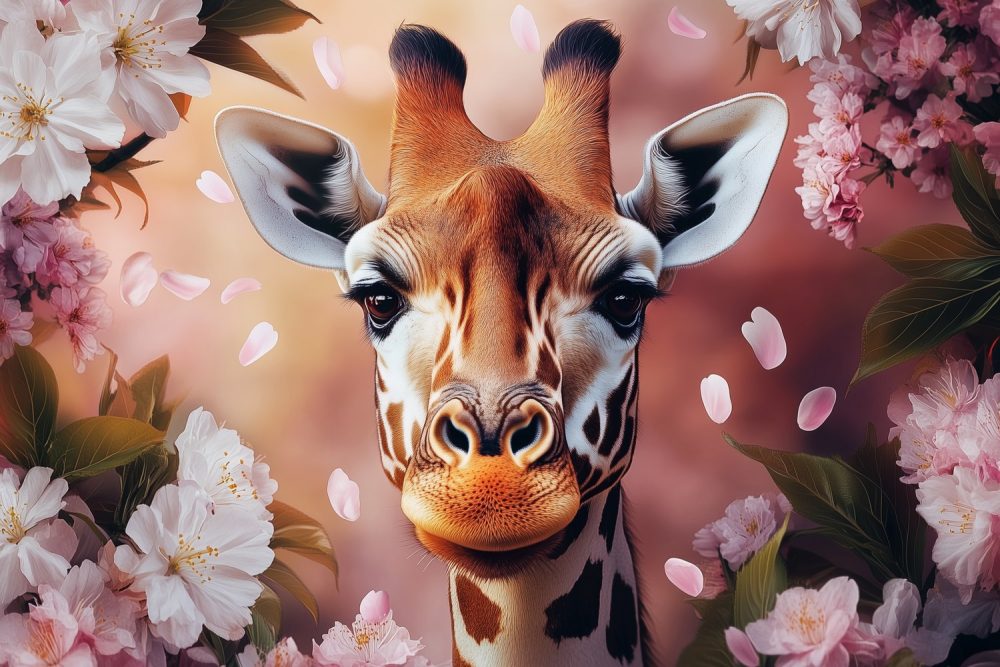 Giraf in Roze Bloemenzee behang