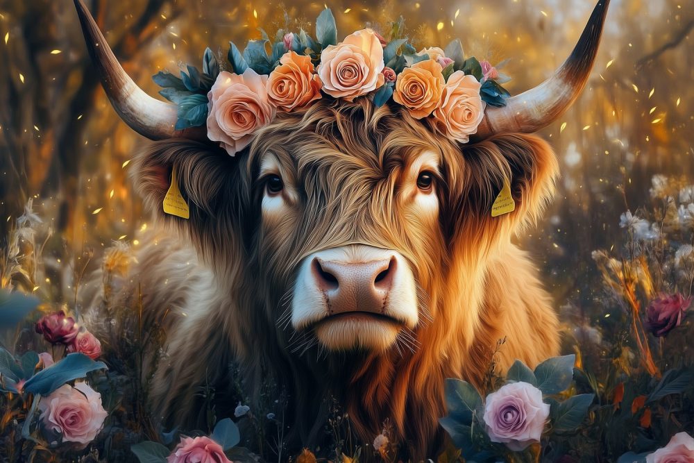 Gekroonde koe in bloemenveld behang