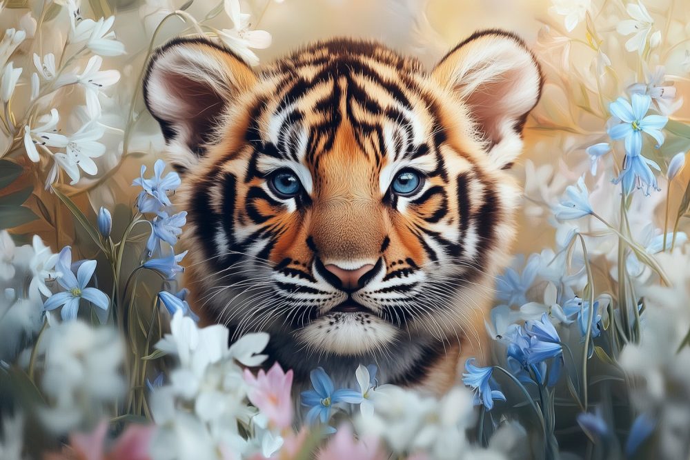 Speelse tijgerwelp in bloemen behang