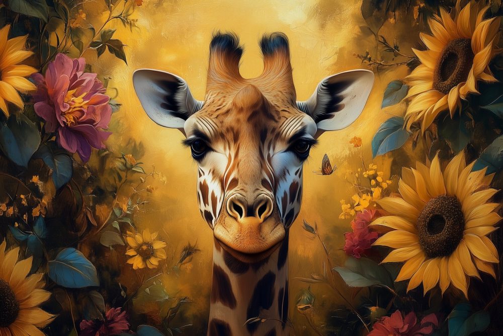 Kleurrijke tuin met giraf behang