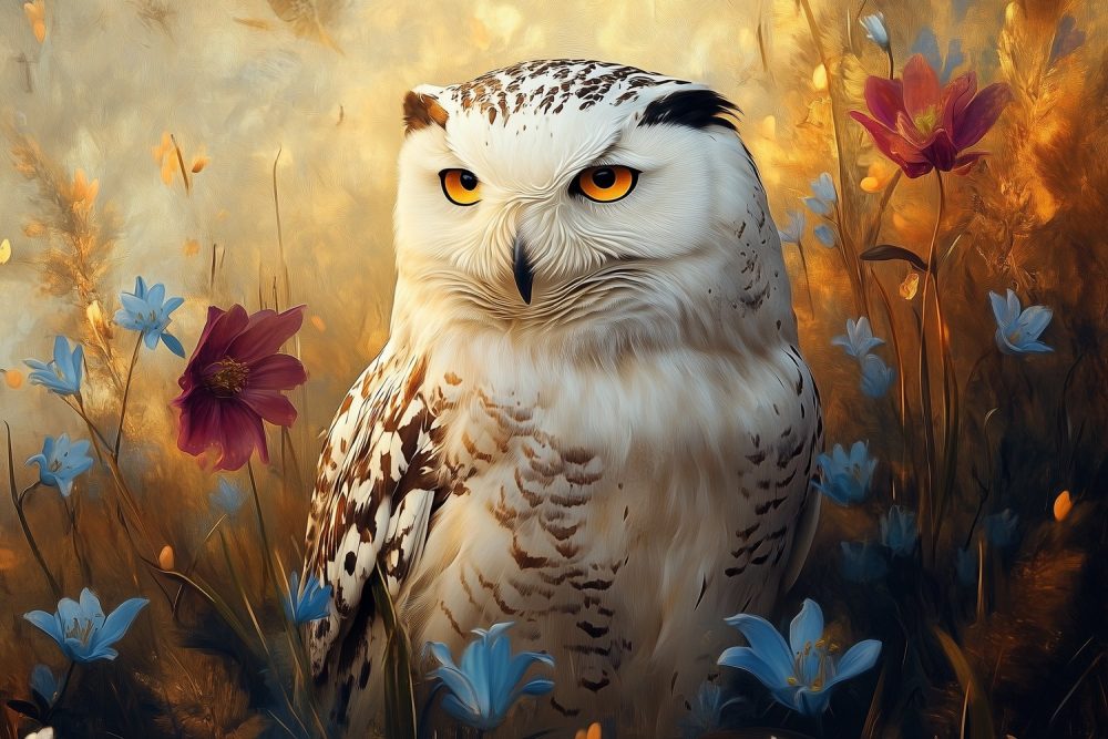 Witte Uil in Blauwe Bloemen behang