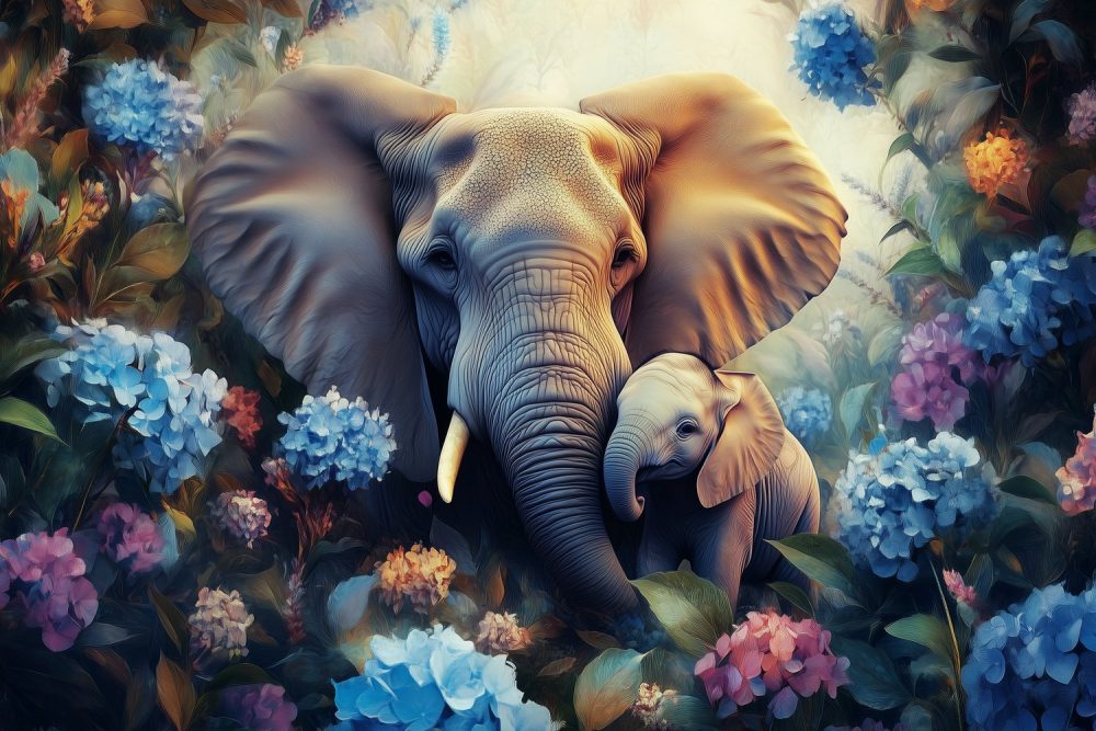 Kleurrijke olifanten in bloemenpracht behang