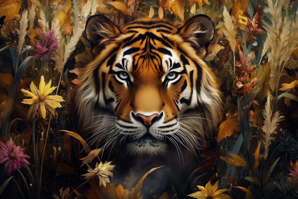 Tijger in kleurrijke bloemenpracht behang
