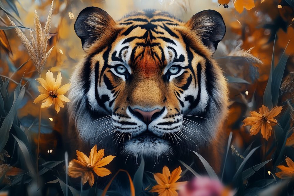 Tijger in bloeiende natuur behang