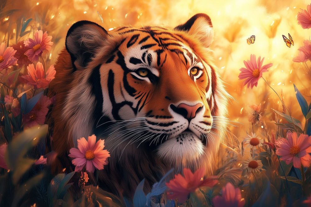 Tijger tussen bloeiende bloemen behang