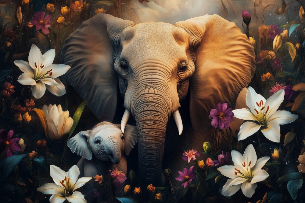 Majestueuze olifant in bloemenzee behang