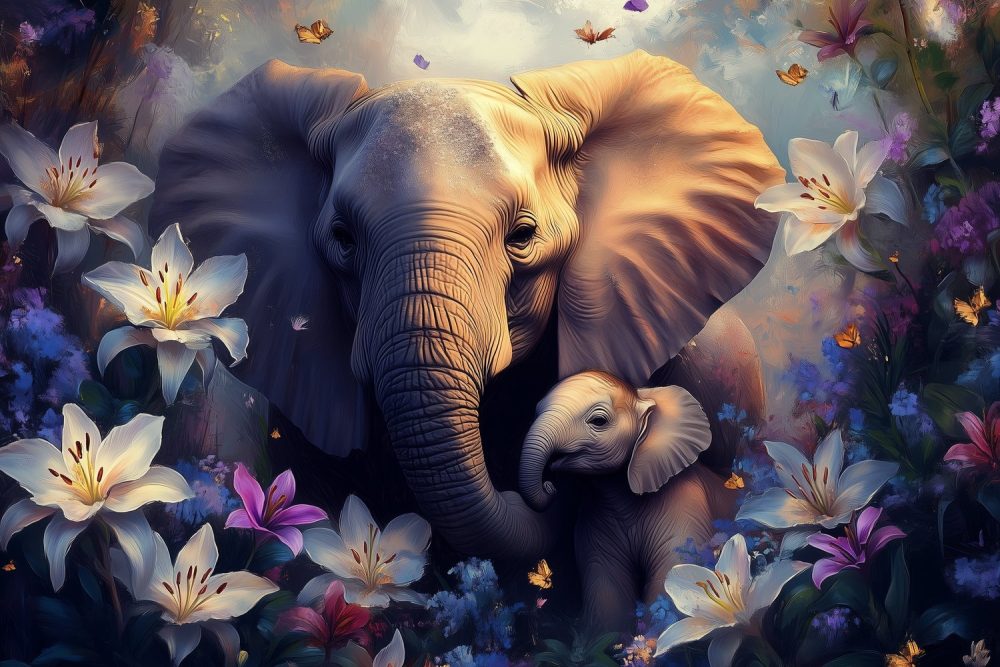 Moeder en baby olifant bloemen behang
