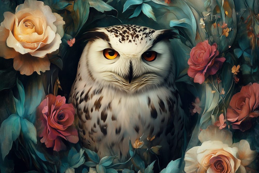 Kleurrijke Uil in Bloemenpracht behang