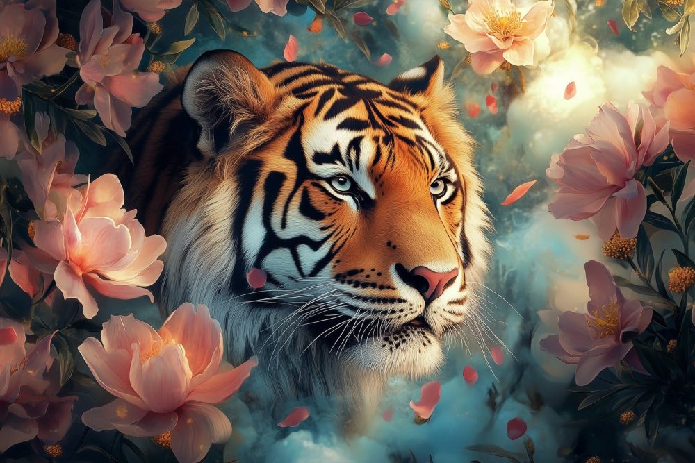 Majestueuze tijder in bloemenpracht behang