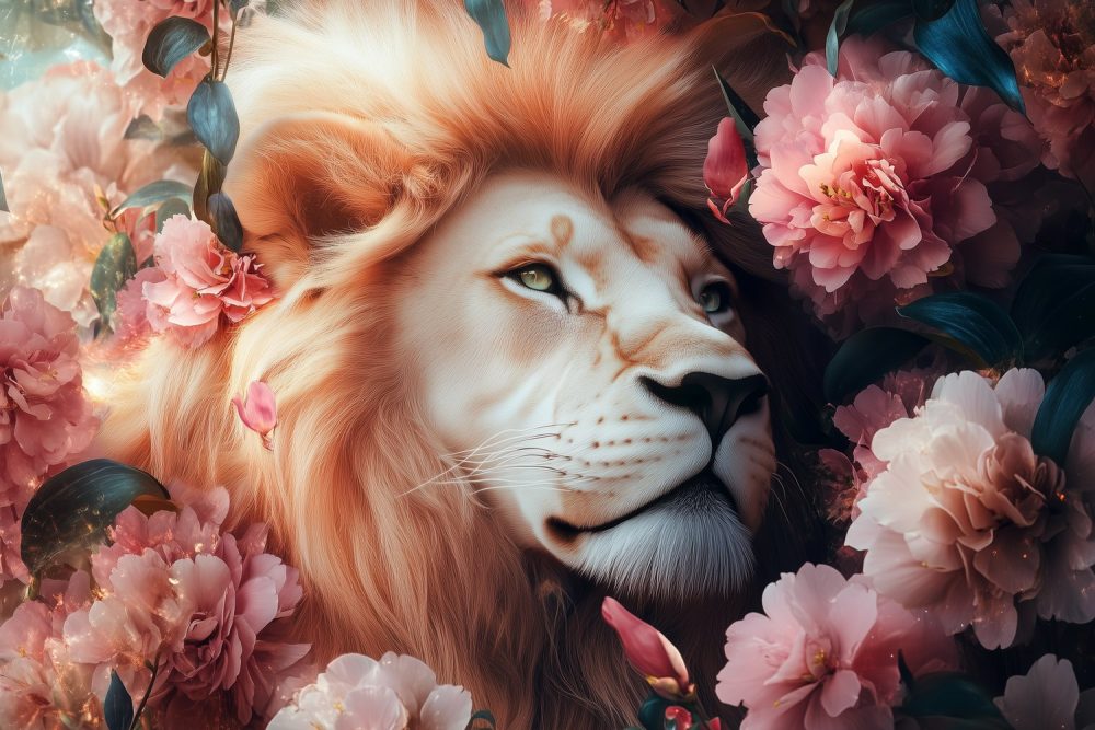 Koninklijke leeuw tussen bloemen behang