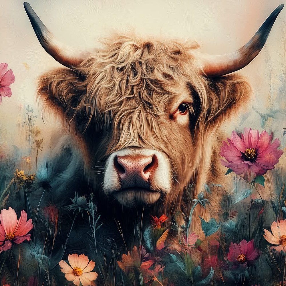 Harige Hoornkoe in Bloemenweide behang