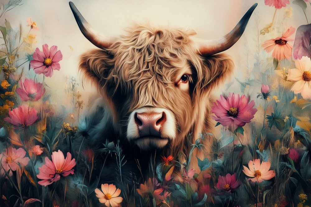 Harige Hoornkoe in Bloemenweide behang