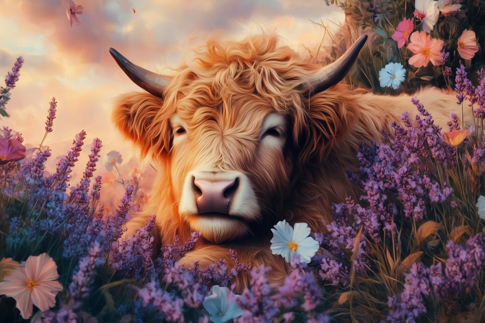 Rustige koe in paarse bloemen behang