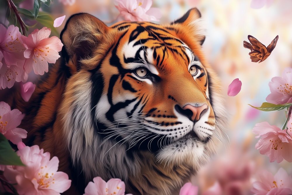 Tijger in bloemenpracht behang