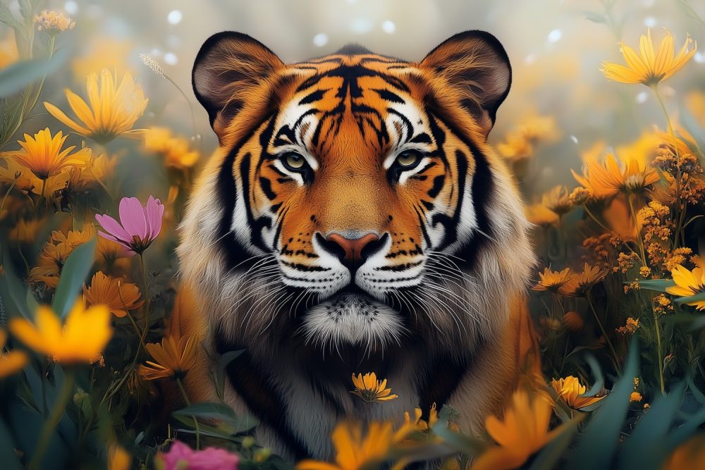 Majestueuze tijger in bloemenveld behang