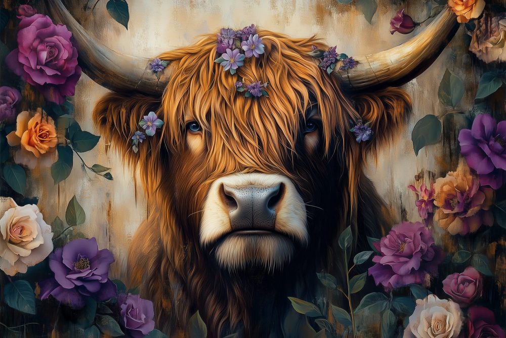 Bloemrijke koe met hoorns behang