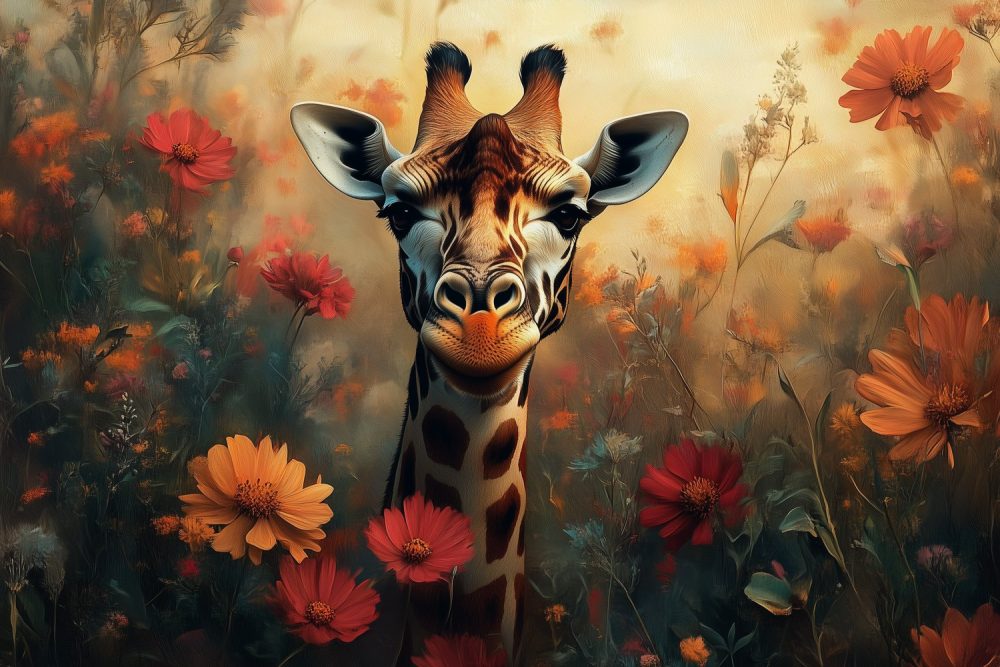 Giraf tussen kleurrijke bloemen behang