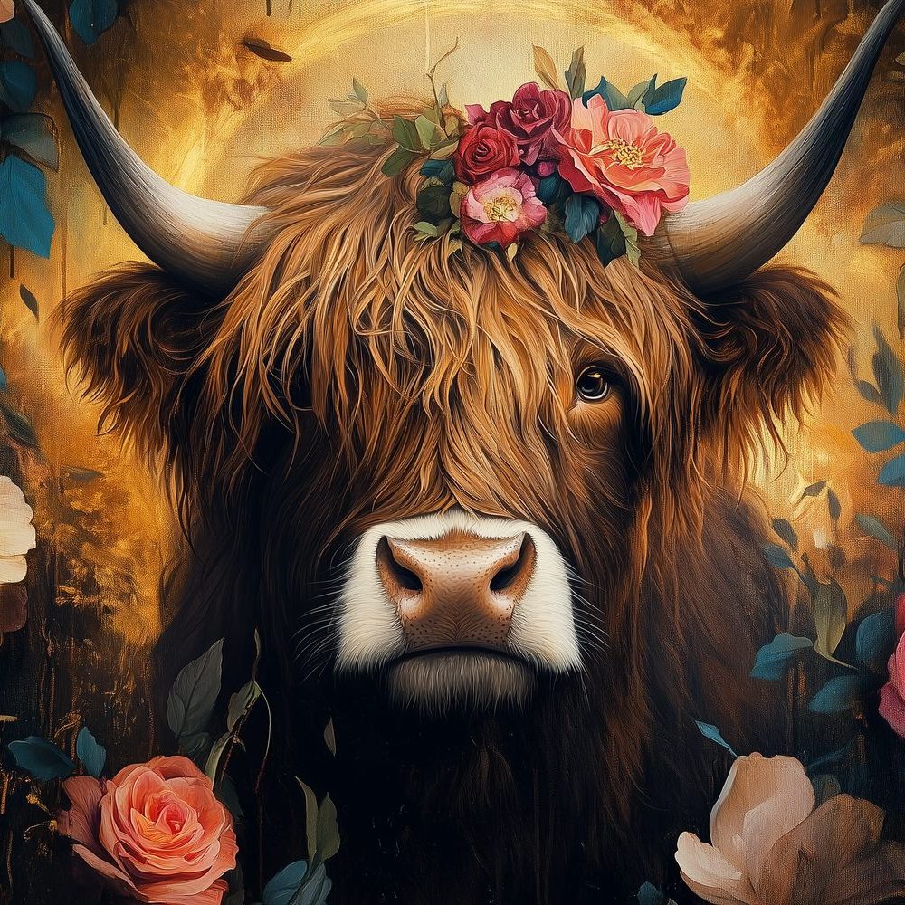 Gekroonde koe met bloemen behang