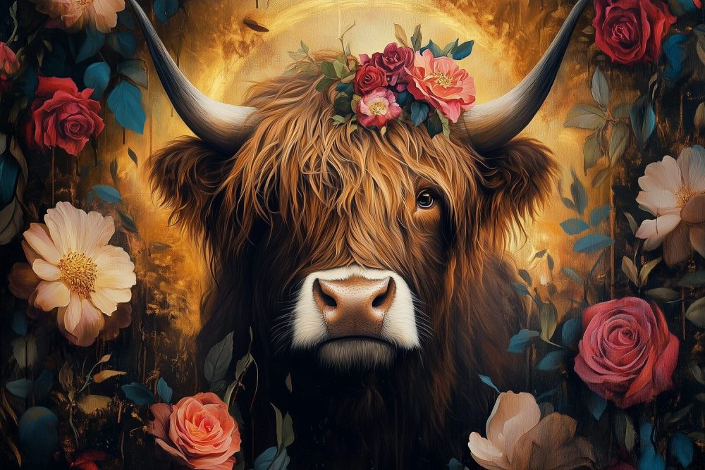 Gekroonde koe met bloemen behang