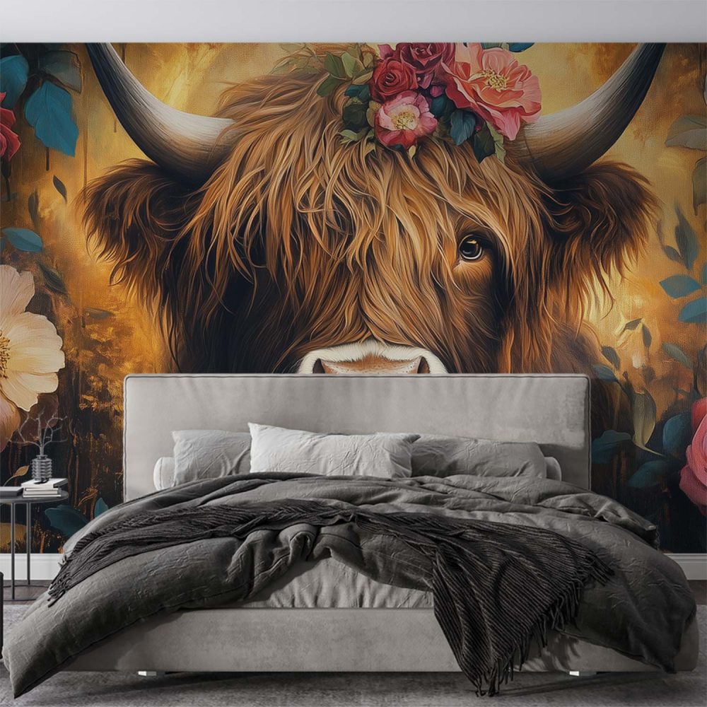 Alternative view of Gekroonde koe met bloemen behang