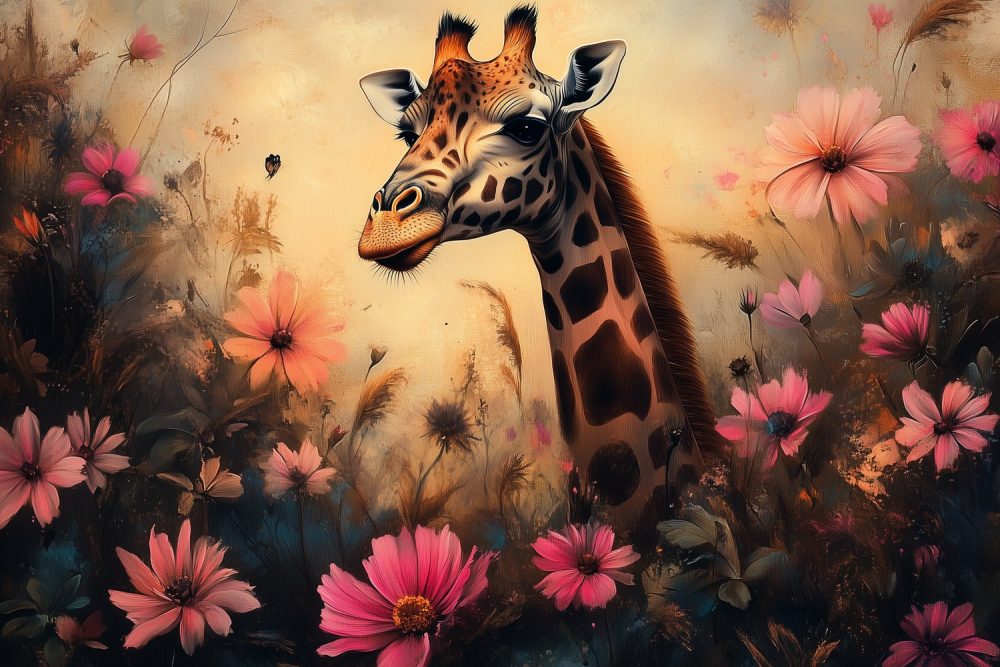Giraf tussen roze bloemen behang