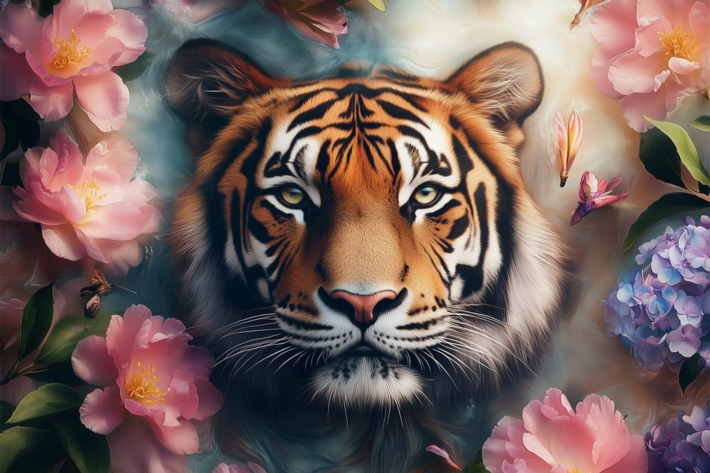 Majestueuze tijder tussen bloemen behang