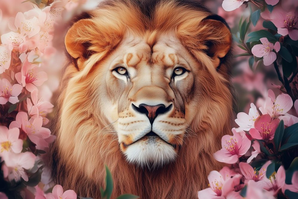 Koninklijke leeuw in bloemenveld behang