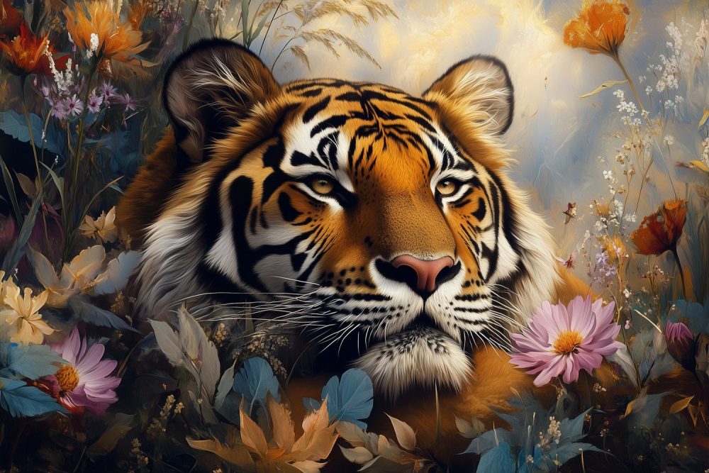 Majestueuze tijger in bloemenpracht behang
