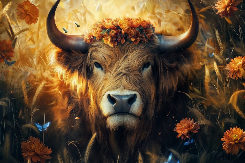 Gekroonde stier in bloemenveld behang