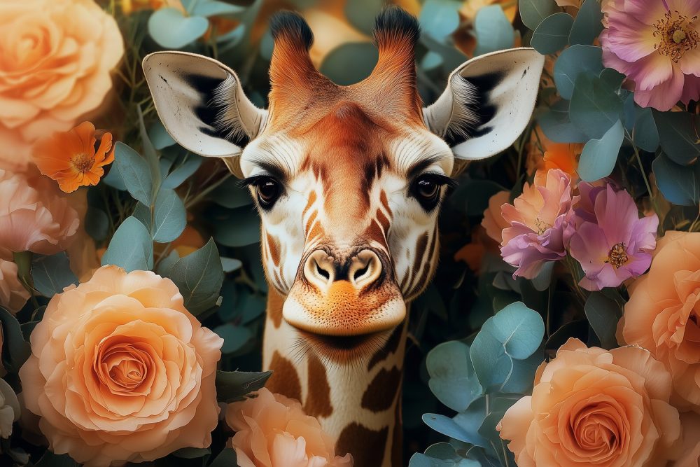 Giraf tussen kleurrijke bloemen behang