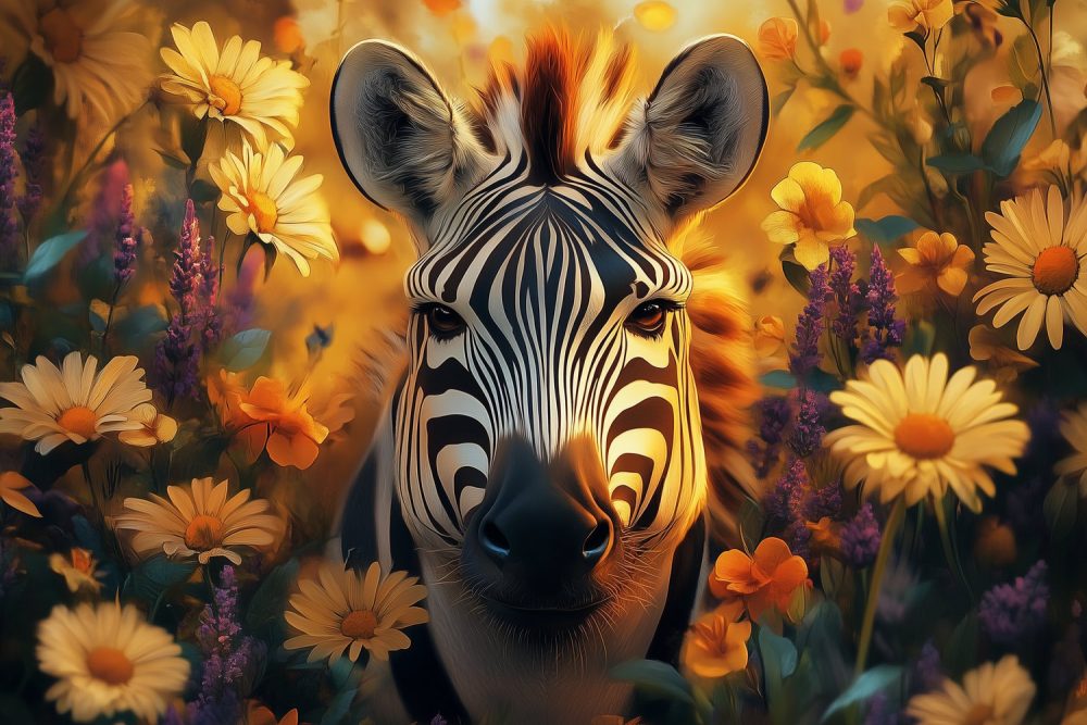 Speelse zebra in bloemenveld behang