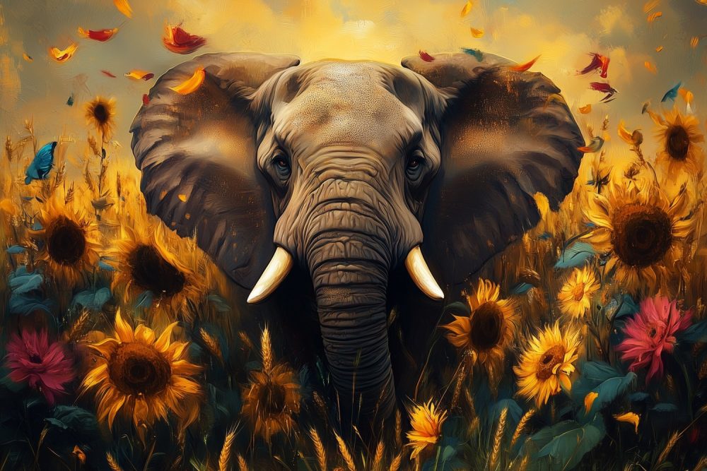 Zonnige olifant tussen zonnebloemen behang