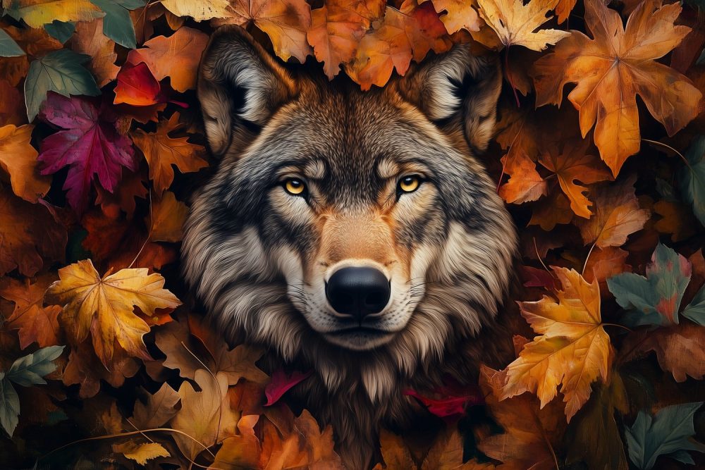 Herfstige Wolf Met Bladerenkrans behang