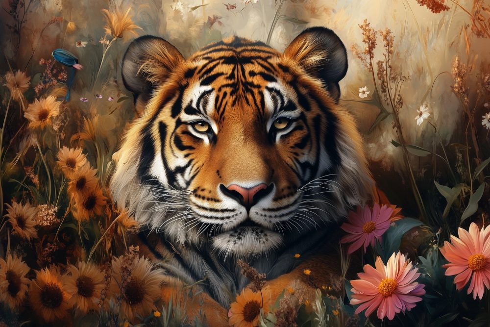 Tijger in bloemenpracht behang