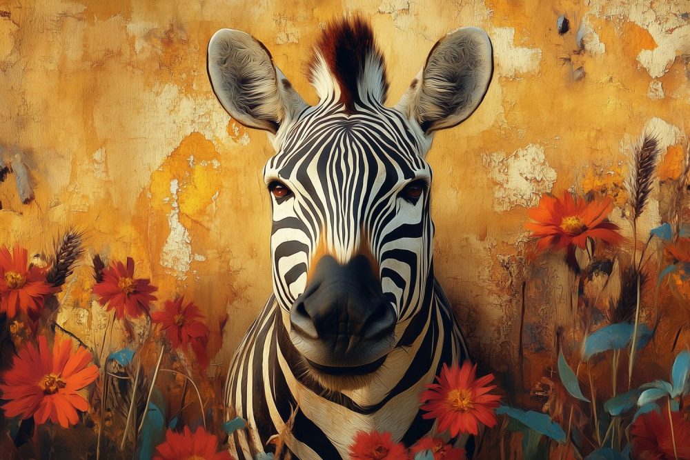 Zebra in bloemenveld behang