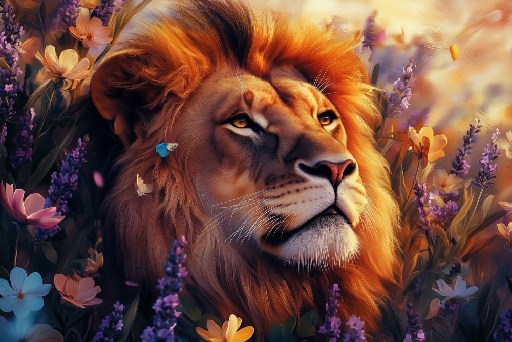 Koninklijke leeuw in bloementuin behang