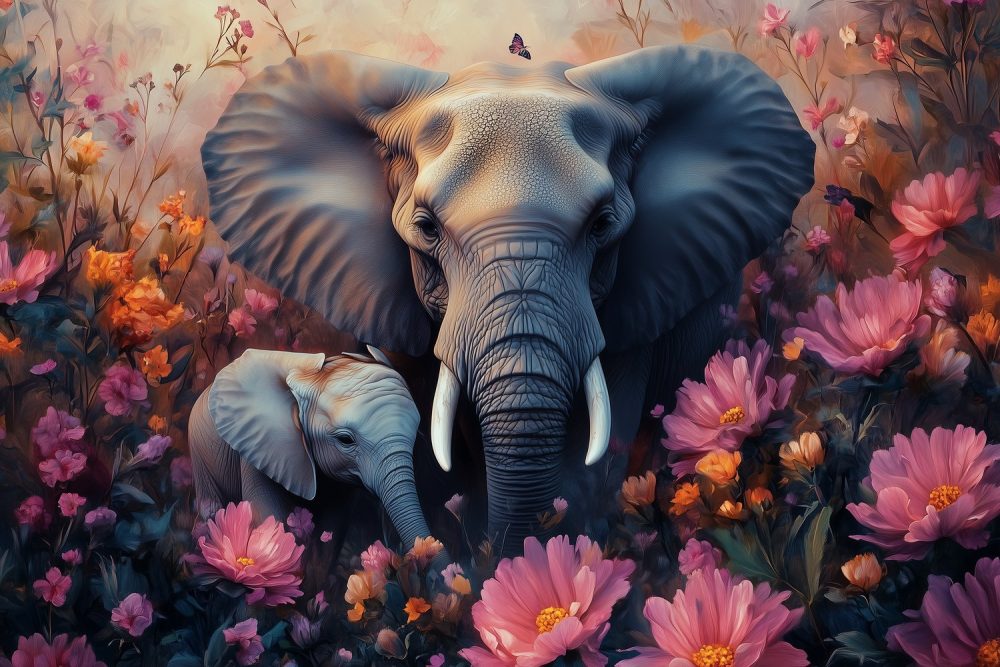 Olifanten in bloemenveld behang
