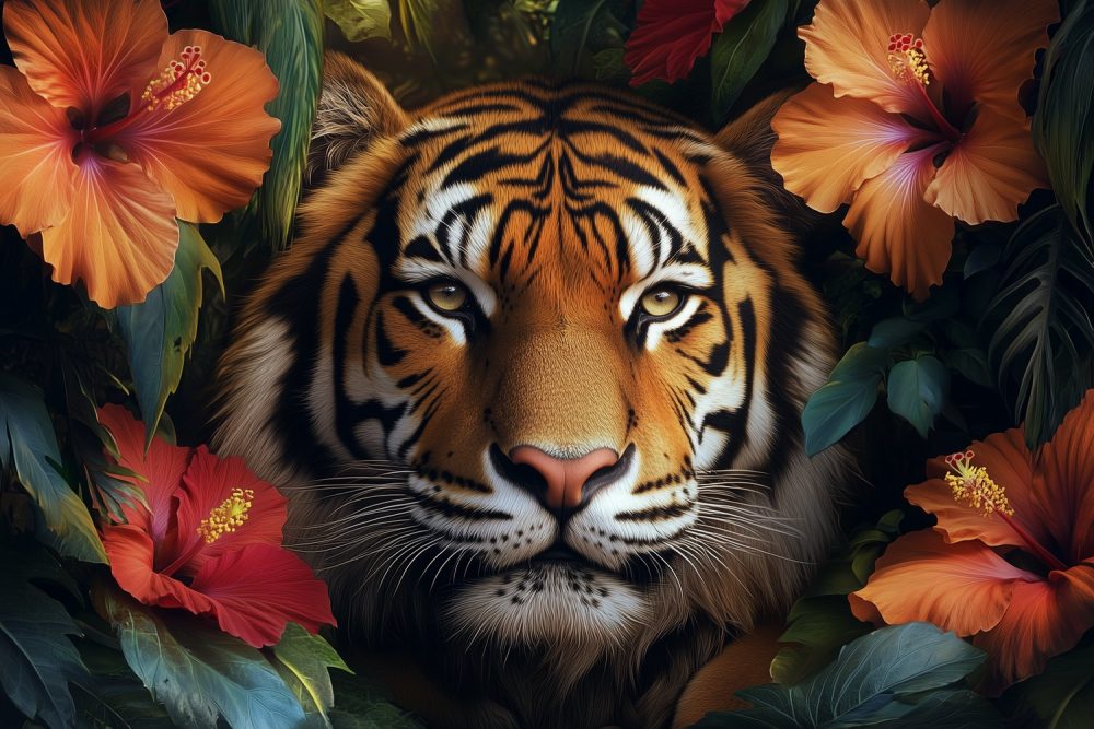 Tijger in kleurrijke bloemenpracht behang