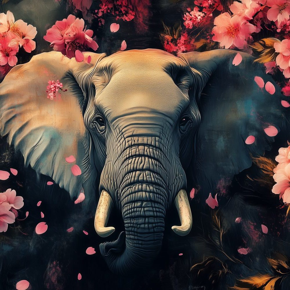 Grijze Olifant in Roze Bloemen behang