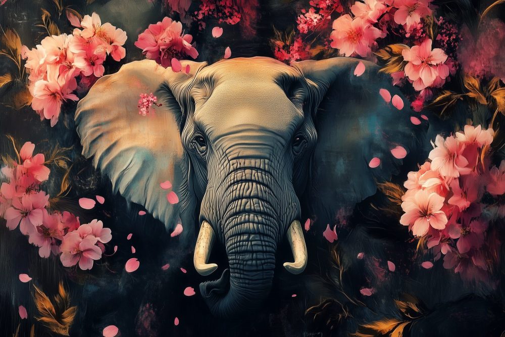 Grijze Olifant in Roze Bloemen behang